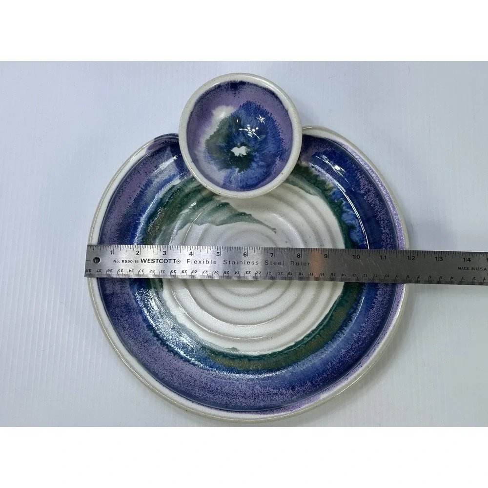 Sturbridge Pottery Handmade Chip & Dip Bowl Purple Blue Green Glaze